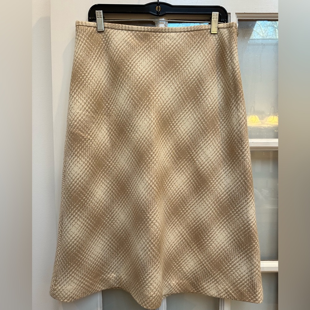 Rena Rowan 100% Wool Plaid Chic Beige Checkered A-Line Skirt Size 14 Large XL
